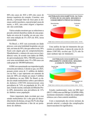 HIPERTENSÃO ARTERIAL E DIABETES MELLITUS




80% dos casos de AVE e 60% dos casos de
doença isquêmica do coração. Constitui, sem
dúvida, o principal fator de risco para as do-
enças cardiovasculares, cuja principal causa de
morte, o AVE, tem como origem a hiperten-
são não-controlada.
   Vários estudos mostram que se reduzirmos a
pressão arterial diastólica média de uma popu-
lação em cerca de 4 mmHg, em um ano, tere-
mos uma redução de 35 a 42% de AVE, nessa
comunidade.
   No Brasil, o AVE vem ocorrendo em idade
precoce, com uma letalidade hospitalar, em um                Uma análise do tipo de tratamento dos pa-
mês, em torno de 50%; dos que sobrevivem, 50%             cientes já conhecidos, à época do censo de di-
ficam com algum grau de comprometimento.                  abetes (1987/89), revelou que 22,3% não fa-
Mundialmente, o número de casos novos (inci-              ziam nenhum tipo de tratamento.
dência) varia, de acordo com dados da OMS,
de aproximadamente 500 a 700.000 casos/ano,
com uma mortalidade entre 35 a 200 casos em
cada grupo de 100.000 habitantes.
   O DM vem aumentando sua importância pela
crescente prevalência. Calcula-se que, em 2025,
possam existir cerca de 11 milhões de diabéti-
cos no País, o que representa um aumento de
mais de 100% em relação aos atuais 5 milhões
de diabéticos, no ano 2000. No Brasil, os da-
dos do estudo multicêntrico sobre a prevalência
de diabetes (1987/89) demonstraram uma
prevalência de 7,6% na população de 30 a 69
anos. Estudo recente, realizado em Ribeirão Pre-
to (SP), demonstrou uma prevalência de 12%                   Estudos randomizados, tanto em DM tipo1
de diabetes nessa população.                              (DCCT-1990) como em DM tipo 2 (UKPDS-1998),
                                                          mostraram claramente a redução das complicações
    Outro importante dado revelado por esse               crônicas com o bom controle metabólico.
estudo multicêntrico foi o alto grau de desco-
nhecimento da doença, em que 46,5% dos diag-                 Com a manutenção dos níveis normais da
nosticados desconheciam o fato de ser porta-              pressão arterial, a redução das complicações
dores de diabetes.                                        macrovasculares foi significativa.



                                                     10
 