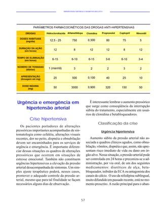 HIPERTENSÃO ARTERIAL E DIABETES MELLITUS




Urgência e emergência em                                    É interessante lembrar o aumento pressórico
                                                         que surge como conseqüência da interrupção
    hipertensão arterial                                 súbita do tratamento, especialmente em usuá-
                                                         rios de clonidina e betabloqueadores.
         Crise hipertensiva
                                                                     Classificação da crise
   Os pacientes portadores de alterações
pressóricas importantes acompanhadas de sin-                            Urgência hipertensiva
tomatologia como cefaléia, alterações visuais
recentes, dor no peito, dispnéia e obnubilação              Aumento súbito da pressão arterial não as-
devem ser encaminhados para os serviços de               sociada a quadros clínicos agudos, como obnu-
urgência e emergência. É importante diferen-             bilação, vômitos, dispnéia e que, assim, não apre-
ciar dessas situações os quadros de alterações           sentam risco imediato de vida ou dano em ór-
pressóricas que ocorrem em situações de                  gão-alvo. Nessa situação, a pressão arterial pode
estresse emocional. Também não constituem                ser controlada em 24 horas e preconiza-se a ad-
urgências hipertensivas a elevação da pressão            ministração, por via oral, de um dos seguintes
arterial desacompanhada de sintomas. Um sim-             medicamentos: diuréticos de alça, beta-
ples ajuste terapêutico poderá, nesses casos,            bloqueador, inibidor da ECA ou antagonista dos
promover o adequado controle da pressão ar-              canais de cálcio. O uso da nifedipina sublingual,
terial, mesmo que para tal finalidade se façam           muito difundido em passado recente, está no mo-
necessários alguns dias de observação.                   mento proscrito. A razão principal para o aban-



                                                    57
 