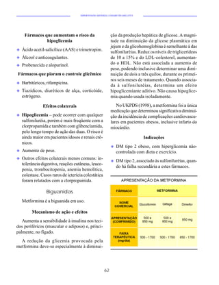 HIPERTENSÃO ARTERIAL E DIABETES MELLITUS




     Fármacos que aumentam o risco da                        ção da produção hepática de glicose. A magni-
               hipoglicemia                                  tude na diminuição da glicose plasmática em
                                                             jejum e da glicohemoglobina é semelhante à das
u   Ácido acetil-salicílico (AAS) e trimetropim.             sulfoniluréias. Reduz os níveis de triglicerídeos
u   Álcool e anticoagulantes.                                de 10 a 15% e do LDL-colesterol, aumentan-
u   Probenecida e alopurinol.                                do o HDL. Não está associada a aumento de
                                                             peso, podendo inclusive determinar uma dimi-
Fármacos que pioram o controle glicêmico                     nuição de dois a três quilos, durante os primei-
                                                             ros seis meses de tratamento. Quando associa-
u   Barbitúricos, rifampicina.
                                                             da à sulfoniluréias, determina um efeito
u   Tiazídicos, diuréticos de alça, corticóide,              hipoglicemiante aditivo. Não causa hipoglice-
    estrógeno.                                               mia quando usada isoladamente.

                Efeitos colaterais                              No UKPDS (1998), a metformina foi a única
                                                             medicação que determinou significativa diminui-
u   Hipoglicemia – pode ocorrer com qualquer                 ção da incidência de complicações cardiovascu-
    sulfoniluréia, porém é mais freqüente com a              lares em pacientes obesos, inclusive infarto do
    clorpropamida e também com glibenclamida,                miocárdio.
    pelo longo tempo de ação das duas. O risco é
    ainda maior em pacientes idosos e renais crô-                                Indicações
    nicos.
                                                             u   DM tipo 2 obeso, com hiperglicemia não-
u   Aumento de peso.                                             controlada com dieta e exercício.
u   Outros efeitos colaterais menos comuns: in-
                                                             u   DM tipo 2, associado às sulfoniluréias, quan-
    tolerância digestiva, reações cutâneas, leuco-
                                                                 do há falha secundária a estes fármacos.
    penia, trombocitopenia, anemia hemolítica,
    colestase. Casos raros de icterícia colestática
    foram relatados com a clorpropamida.

                  Biguanidas
    Metformina é a biguanida em uso.

         Mecanismo de ação e efeitos
   Aumenta a sensibilidade à insulina nos teci-
dos periféricos (muscular e adiposo) e, princi-
palmente, no fígado.
  A redução da glicemia provocada pela
metformina deve-se especialmente à diminui-




                                                        62
 