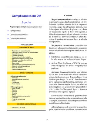 HIPERTENSÃO ARTERIAL E DIABETES MELLITUS




      Complicações do DM                                                     Conduta
                                                            No paciente consciente – oferecer alimen-
                   Agudas                                to com carboidrato de absorção rápida (de pre-
                                                         ferência, líquido), na dose de 10 a 20 gramas
    As principais complicações agudas são:               (ex.: meio copo de refrigerante comum, suco
                                                         de laranja ou três tabletes de glicose, etc.). Pode
u   Hipoglicemia
                                                         ser necessário repetir a dose. Em seguida, o
u   Cetoacidose diabética                                diabético deve comer algum alimento, conten-
                                                         do hidratos de carbono complexos (pão, bis-
u   Coma hiperosmolar                                    coitos, frutas) ou até mesmo fazer a refeição
                                                         mais próxima.
                                                           No paciente inconsciente – medidas que
                                                         devem ser adotadas imediatamente, antes mes-
                                                         mo do encaminhamento para serviços de ur-
                                                         gência:
                                                         u   Não forçar a ingestão oral, mas pode ser co-
                                                             locado açúcar ou mel embaixo da língua.
                                                         u   Aplicar 20ml de glicose a 50% EV, que po-
                                                             derá ser repetido até a total recuperação do
                                                             paciente.
                                                            Às vezes, é necessário manter soro glicosa-
                                                         do EV para evitar nova crise. Outra alternativa
                                                         segura, também em caso de convulsão, é o uso
                                                         de Glucagon 1mg – IM ou SC. Esse hormônio
                                                         eleva a glicemia rapidamente e, ocorrendo a re-
                                                         cuperação da consciência, deverá ser oferecida
                                                         alimentação ou ser aplicado soro glicosado EV,
                                                         pois o efeito do Glucagon é fugaz e, às vezes,
                                                         precisa de uma segunda injeção.
                                                            Sendo assim, é aconselhável que todo diabé-
                                                         tico que usa insulina tenha sempre disponível o
                                                         Glucagon, o qual não é indicado para diabéticos
                                                         que utilizam sulfoniluréia.
                                                           A hipoglicemia pode se repetir e ser prolon-
                                                         gada, especialmente em idosos, quando causa-



                                                    74
 