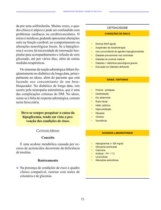 HIPERTENSÃO ARTERIAL E DIABETES MELLITUS




da por uma sulfoniluréia. Muitas vezes, o qua-
dro clínico é atípico e pode ser confundido com
problemas cardíacos ou cerebrovasculares. O
início é insidioso, podendo apresentar alterações
sutis na função cerebral, no comportamento ou
alterações neurológicas focais. Se a hipoglice-
mia é severa, há necessidade de internação hos-
pitalar para acompanhamento e infusão de soro
glicosado, até por vários dias, além de outras
medidas terapêuticas.
   Os sintomas da reação adrenérgica faltam fre-
qüentemente no diabético de longa data, princi-
palmente no idoso, além do paciente que está
fazendo uso concomitante de um beta-
bloqueador. No diabético de longa data, isto
ocorre pela neuropatia autonômica, que é uma
das complicações crônicas do DM. No idoso,
soma-se à falta de resposta adrenérgica, comum
nesta faixa etária.


    Deve-se sempre pesquisar a causa da
     hipoglicemia, tendo em vista a pre-
       venção das condições de risco.

               Cetoacidose
                   Conceito
   É uma acidose metabólica causada por ex-
cesso de acetoácidos decorrente da deficiência
de insulina.

                Rastreamento

u   Na presença de condições de risco e quadro
    clínico compatível, rastrear com testes de
    cetonúria e de glicemia.




                                                      75
 
