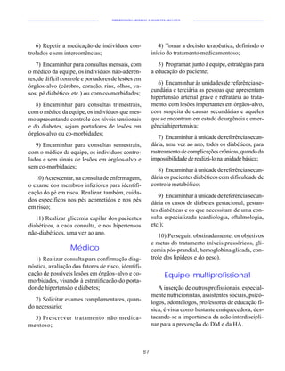 HIPERTENSÃO ARTERIAL E DIABETES MELLITUS




   6) Repetir a medicação de indivíduos con-                   4) Tomar a decisão terapêutica, definindo o
trolados e sem intercorrências;                             início do tratamento medicamentoso;
   7) Encaminhar para consultas mensais, com                   5) Programar, junto à equipe, estratégias para
o médico da equipe, os indivíduos não-aderen-               a educação do paciente;
tes, de difícil controle e portadores de lesões em
                                                               6) Encaminhar às unidades de referência se-
órgãos-alvo (cérebro, coração, rins, olhos, va-
                                                            cundária e terciária as pessoas que apresentam
sos, pé diabético, etc.) ou com co-morbidades;
                                                            hipertensão arterial grave e refratária ao trata-
   8) Encaminhar para consultas trimestrais,                mento, com lesões importantes em órgãos-alvo,
com o médico da equipe, os indivíduos que mes-              com suspeita de causas secundárias e aqueles
mo apresentando controle dos níveis tensionais              que se encontram em estado de urgência e emer-
e do diabetes, sejam portadores de lesões em                gência hipertensiva;
órgãos-alvo ou co-morbidades;
                                                               7) Encaminhar à unidade de referência secun-
   9) Encaminhar para consultas semestrais,                 dária, uma vez ao ano, todos os diabéticos, para
com o médico da equipe, os indivíduos contro-               rastreamento de complicações crônicas, quando da
lados e sem sinais de lesões em órgãos-alvo e               impossibilidade de realizá-lo na unidade básica;
sem co-morbidades;
                                                               8) Encaminhar à unidade de referência secun-
   10) Acrescentar, na consulta de enfermagem,              dária os pacientes diabéticos com dificuldade de
o exame dos membros inferiores para identifi-               controle metabólico;
cação do pé em risco. Realizar, também, cuida-
                                                               9) Encaminhar à unidade de referência secun-
dos específicos nos pés acometidos e nos pés
                                                            dária os casos de diabetes gestacional, gestan-
em risco;
                                                            tes diabéticas e os que necessitam de uma con-
   11) Realizar glicemia capilar dos pacientes              sulta especializada (cardiologia, oftalmologia,
diabéticos, a cada consulta, e nos hipertensos              etc.);
não-diabéticos, uma vez ao ano.                                10) Perseguir, obstinadamente, os objetivos
                                                            e metas do tratamento (níveis pressóricos, gli-
                  Médico                                    cemia pós-prandial, hemoglobina glicada, con-
   1) Realizar consulta para confirmação diag-              trole dos lipídeos e do peso).
nóstica, avaliação dos fatores de risco, identifi-
cação de possíveis lesões em órgãos–alvo e co-                     Equipe multiprofissional
morbidades, visando à estratificação do porta-
dor de hipertensão e diabetes;                                 A inserção de outros profissionais, especial-
                                                            mente nutricionistas, assistentes sociais, psicó-
   2) Solicitar exames complementares, quan-
                                                            logos, odontólogos, professores de educação fí-
do necessário;
                                                            sica, é vista como bastante enriquecedora, des-
  3) Prescrever tratamento não-medica-                      tacando-se a importância da ação interdiscipli-
mentoso;                                                    nar para a prevenção do DM e da HA.



                                                       87
 