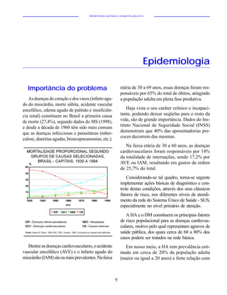 HIPERTENSÃO ARTERIAL E DIABETES MELLITUS




                                                                            Epidemiologia

  Importância do problema                                   etária de 30 a 69 anos, essas doenças foram res-
                                                            ponsáveis por 65% do total de óbitos, atingindo
   As doenças do coração e dos vasos (infarto agu-          a população adulta em plena fase produtiva.
do do miocárdio, morte súbita, acidente vascular
encefálico, edema agudo de pulmão e insuficiên-                 Haja vista o seu caráter crônico e incapaci-
cia renal) constituem no Brasil a primeira causa            tante, podendo deixar seqüelas para o resto da
de morte (27,4%), segundo dados do MS (1998),               vida, são de grande importância. Dados do Ins-
e desde a década de 1960 têm sido mais comuns               tituto Nacional de Seguridade Social (INSS)
que as doenças infecciosas e parasitárias (tuber-           demonstram que 40% das aposentadorias pre-
                                                            coces decorrem das mesmas.
culose, diarréias agudas, broncopneumonias, etc.).
                                                               Na faixa etária de 30 a 60 anos, as doenças
                                                            cardiovasculares foram responsáveis por 14%
                                                            da totalidade de internações, sendo 17,2% por
                                                            AVE ou IAM, resultando em gastos da ordem
                                                            de 25,7% do total.
                                                                Considerando-se tal quadro, torna-se urgente
                                                            implementar ações básicas de diagnóstico e con-
                                                            trole destas condições, através dos seus clássicos
                                                            fatores de risco, nos diferentes níveis de atendi-
                                                            mento da rede do Sistema Único de Saúde - SUS,
                                                            especialmente no nível primário de atenção.
                                                               A HA e o DM constituem os principais fatores
                                                            de risco populacional para as doenças cardiovas-
                                                            culares, motivo pelo qual representam agravos de
                                                            saúde pública, dos quais cerca de 60 a 80% dos
                                                            casos podem ser tratados na rede básica.
   Dentre as doenças cardiovasculares, o acidente             Em nosso meio, a HA tem prevalência esti-
vascular encefálico (AVE) e o infarto agudo do              mada em cerca de 20% da população adulta
miocárdio (IAM) são as mais prevalentes. Na faixa           (maior ou igual a 20 anos) e forte relação com



                                                        9
 