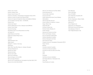 218 I 219
Instituto Arte na Escola
Instituto Camargo Corrêa
Instituto Criar de Cinema e TV
Instituto de Ortopedia e Traumatologia do Hospital das Clínicas (IOT)
Instituto do Câncer do Estado de São Paulo (ICESP)
Instituto do Coração do Hospital das Clínicas da Faculdade de Medicina
da Universidade de São Paulo (InCor – HCFMUSP)
Instituto Fonte
Instituto Itaú Cultural
Instituto Minidi Pedroso de Arte e Educação Social (IMPAES)
Instituto Tomie Ohtake
Intercode Tecnologia
Irmandade da Santa Casa de Misericórdia de São Paulo
Itaú Seguros SA
Jardim Botânico de São Paulo
Jardim das Esculturas/Parque da Luz
JP Morgan
Lecca SA
Mahil Participações Ltda
Mapfre Seguros
Maringá SA - Cimento e Ferro Liga
Markiodonto
Mattos Filho, Veiga Filho, Marrey Jr. e Quiroga Advogados
Mineração Buritirama SA
Ministério da Cultura
Ministério da Saúde
Mosteiro São Geraldo
Museu da Casa Brasileira
Museu da Imagem e do Som (MIS)
Museu da Língua Portuguesa
Museu de Arte Contemporânea da Universidade de São Paulo (MAC/USP)
Museu de Arte de São Paulo (MASP)
Museu de Arte Moderna de São Paulo (MAM)
Novartis Biociências SA
Novartis Saúde Animal Ltda
Novartis Seeds Ltda
Núcleo Educacional da Santa Casa de Diadema
Odontoclínicas
Olivieri & Signorelli Advocacia
Oxiteno Nordeste SA Industria e Comércio
Parque Alfredo Volpi
Parque Burle Max
Peróxidos do Brasil Ltda
Petrobras Petróleo Brasileiro SA
Petróleo Ipiranga
Pinacoteca do Estado de São Paulo
Pôr do Som Produções Artísticas
Posto de Orientação Familiar (POF)
Prefeitura Municipal de Guarulhos
Prefeitura Municipal de São Paulo
PricewaterhouseCoopers
Programa Einstein na Comunidade de Paraisópolis (PECP)
Projeto Arrastão
RGNutri
Secretaria da Saúde de Guarulhos
Secretaria de Cultura de Guarulhos
Secretaria de Estado da Cultura de São Paulo
SESC
SESI
Social Web
Stan Desenvolvimento Imobiliário
Stan Empreendimentos e Participações Ltda
Teatro Alfa
Teatro Brasileiro de Comédia
Teatro Brincante
Teatro Célia Helena
Teatro FUNARTE
Teatro Padre Bento (Guarulhos/SP)
Teatro Santa Cruz
The Key Organizações e Marcas Cidadãs
Theca Corretora SA
Tiffany & CO
Tostex Haddock Lobo
UBS Pactual Asset Management
UBS Pactual Corretora de Mercadorias
União Brasileira de Vidros SA
União Vidigal Participações Ltda
Miolo_AD_FINAL_CS4.indd 219 06/12/10 15:15
 