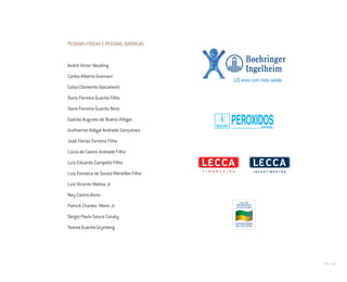 234 I 235
PESSOAS FÍSICAS E PESSOAS JURÍDICAS
André Victor Neuding
Carlos Alberto Gramani
Celso Clemente Giacometti
Dario Ferreira Guarita Filho
Dario Ferreira Guarita Neto
Gastão Augusto de Bueno Vidigal
Guilherme Vidigal Andrade Gonçalves
José Ferraz Ferreira Filho
Lúcio de Castro Andrade Filho
Luiz Eduardo Campello Filho
Luiz Fonseca de Souza Meirelles Filho
Luiz Vicente Mattos Jr.
Ney Castro Alves
Patrick Charles Morin Jr.
Sérgio Paula Souza Caiuby
Teresa Guarita Grynberg
Miolo_AD_FINAL_CS4.indd 235 06/12/10 15:15
 