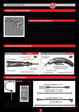 CABLES DE ENCENDIDO NGK 
FUNCIÓN DEL CABLE DE ENCENDIDO 
La función del cable de encendido es conducir el alto voltaje producido por la bobina 
o transformador hasta las bujías de encendido sin permitir fugas de corriente, garanti-zando 
un encendido sin fallas. 
CABLE DE ENCENDIDO RESISTIVOS 
Los cables de encendido siguen el desarrollo de los vehículos, principalmente con 
el uso de la electrónica de a bordo y con el aumento de compresión de los motores, 
haciendo que sean necesarios voltajes mayores para producir la chispa en las bujías 
de encendido, lo que termina generando mayores interferencias por radio frecuencia 
(RFI). 
La alteración en las formas de las carrocerías también influyen en el desempeño de los 
vehículos, ya que se busca un menor coeficiente de penetración con el aire (cx bajo), 
provoca la disminución del área frontal de los vehículos, elevando la temperatura en 
el compartimiento del motor. Además de esto, los cables deben ser proyectados para 
resistir al ataque de combustible, solventes, etc. 
TIPOS DE CABLES DE ENCENDIDO NGK 
Los cables de encendido NGK son confeccionados de dos formas: 
Blindaje metálico 
TEST DE RESISTENCIA OHMICA 
consultas@ngkntk.com.ar 
Multímetro 
Para efectuar el test en cables de encendido nuevos o usa-dos, 
se debe utilizar un multímetro o ohmiómetro. Medir el 
valor de la resistencia ohmica entre los terminales del cable. 
 