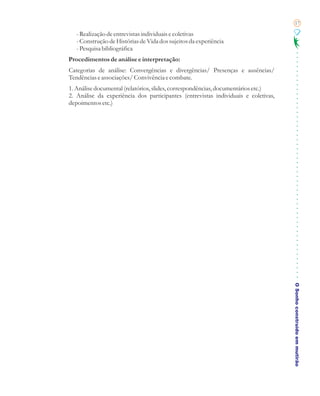 17

   - Realização de entrevistas individuais e coletivas
   - Construção de Histórias de Vida dos sujeitos da experiência
   - Pesquisa bibliográfica
Procedimentos de análise e interpretação:
Categorias de análise: Convergências e divergências/ Presenças e ausências/
Tendências e associações/ Convivência e combate.
1. Análise documental (relatórios, slides, correspondências, documentários etc.)
2. Análise da experiência dos participantes (entrevistas individuais e coletivas,
depoimentos etc.)




                                                                                    O Sonho construído em mutirão
 