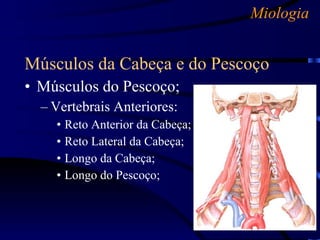 Miologia Músculos da Cabeça e do Pescoço Músculos do Pescoço; Vertebrais Anteriores: Reto Anterior da Cabeça; Reto Lateral da Cabeça; Longo da Cabeça; Longo do Pescoço; 