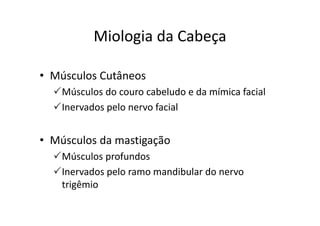 Miologia da CabeçaMiologia da Cabeça
• Músculos Cutâneos
Músculos do couro cabeludo e da mímica facial
Inervados pelo nervo facial
• Músculos da mastigação• Músculos da mastigação
Músculos profundos
Inervados pelo ramo mandibular do nervo 
trigêmio
 
