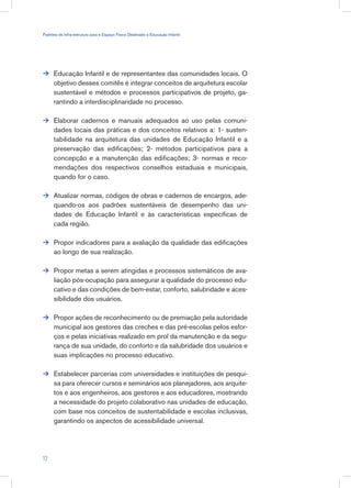 Educação Infantil e de representantes das comunidades locais. O
objetivo desses comitês é integrar conceitos de arquitetura escolar
sustentável e métodos e processos participativos de projeto, ga-
rantindo a interdisciplinaridade no processo.
Elaborar cadernos e manuais adequados ao uso pelas comuni-
dades locais das práticas e dos conceitos relativos a: 1- susten-
tabilidade na arquitetura das unidades de Educação Infantil e a
preservação das edificações; 2- métodos participativos para a
concepção e a manutenção das edificações; 3- normas e reco-
mendações dos respectivos conselhos estaduais e municipais,
quando for o caso.
Atualizar normas, códigos de obras e cadernos de encargos, ade-
quando-os aos padrões sustentáveis de desempenho das uni-
dades de Educação Infantil e às características específicas de
cada região.
Propor indicadores para a avaliação da qualidade das edificações
ao longo de sua realização.
Propor metas a serem atingidas e processos sistemáticos de ava-
liação pós-ocupação para assegurar a qualidade do processo edu-
cativo e das condições de bem-estar, conforto, salubridade e aces-
sibilidade dos usuários.
Propor ações de reconhecimento ou de premiação pela autoridade
municipal aos gestores das creches e das pré-escolas pelos esfor-
ços e pelas iniciativas realizado em prol da manutenção e da segu-
rança de sua unidade, do conforto e da salubridade dos usuários e
suas implicações no processo educativo.
Estabelecer parcerias com universidades e instituições de pesqui-
sa para oferecer cursos e seminários aos planejadores, aos arquite-
tos e aos engenheiros, aos gestores e aos educadores, mostrando
a necessidade do projeto colaborativo nas unidades de educação,
com base nos conceitos de sustentabilidade e escolas inclusivas,
garantindo os aspectos de acessibilidade universal.







12
Padrões de Infra-estrutura para e Espaço Físico Destinado à Educação Infantil
 