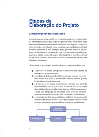 A interdisciplinaridade necessária
A construção de uma creche ou pré-escola exige um compromisso
de interdisciplinaridade por parte dos profisssionais envolvidos. Essa
interdisciplinaridade normalmente não existe nos projetos convencio-
nais, tornando a conciliação entre as várias especialidades envolvidas
bastante complexa. Como exemplo disso, pode-se destacar os pro-
jetos de iluminação e climatização, que precisam ser pensados inte-
gralmente desde o início. O projeto interdisciplinar é a melhor maneira
de se evitar conflitos, erros e redundâncias decorrentes de decisões
isoladas e estanques.
Em síntese, a abordagem interdisciplinar do projeto considera que:
a edificação e o local configuram-se como um todo inserido no
contexto de sua comunidade;
a unidade de Educação Infantil encontra-se inserida num con-
texto maior, que inclui o ecossistema natural, mesmo quando
localizada em uma área urbana;
a creche ou a pré-escola encontram-se inseridas num contexto
sócio-histórico-cultural, que inclui a sociedade e toda sua ampla
diversidade cultural, social e física. Assim, o edifício deve ser con-
cebido para congregar as diferenças como forma de enriqueci-
mento educacional e humano, além de respeito à diversidade;
é necessário verificar as condições do ambiente construído após
determinado tempo de uso. Essa identificação funciona como
fonte de retroalimentação para futuros projetos semelhantes.
Etapas de
Elaboração do Projeto
b
c
d
a
Programação Construção/usoProjeto
Avaliação
pós-ocupação
15
 