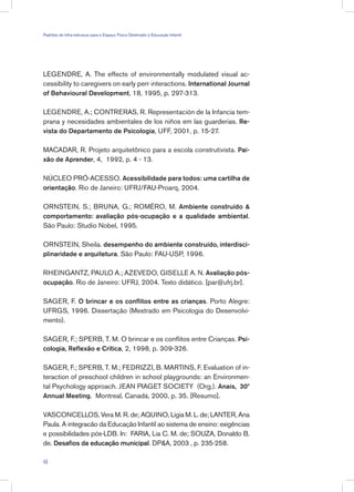 LEGENDRE, A. The effects of environmentally modulated visual ac-
cessibility to caregivers on early perr interactions. International Journal
of Behavioural Development, 18, 1995, p. 297-313.
LEGENDRE, A.; CONTRERAS, R. Representación de la Infancia tem-
prana y necesidades ambientales de los niños em las guarderias. Re-
vista do Departamento de Psicologia, UFF, 2001, p. 15-27.
MACADAR, R. Projeto arquitetônico para a escola construtivista. Pai-
xão de Aprender, 4, 1992, p. 4 - 13.
NÚCLEO PRÓ-ACESSO. Acessibilidade para todos: uma cartilha de
orientação. Rio de Janeiro: UFRJ/FAU-Proarq, 2004.
ORNSTEIN, S.; BRUNA, G.; ROMÉRO, M. Ambiente construído 
comportamento: avaliação pós-ocupação e a qualidade ambiental.
São Paulo: Studio Nobel, 1995.
ORNSTEIN, Sheila. desempenho do ambiente construído, interdisci-
plinaridade e arquitetura. São Paulo: FAU-USP, 1996.
RHEINGANTZ, PAULO A.; AZEVEDO, GISELLE A. N. Avaliação pós-
ocupação. Rio de Janeiro: UFRJ, 2004. Texto didático. [par@ufrj.br].
SAGER, F. O brincar e os conflitos entre as crianças. Porto Alegre:
UFRGS, 1996. Dissertação (Mestrado em Psicologia do Desenvolvi-
mento).
SAGER, F.; SPERB, T. M. O brincar e os conflitos entre Crianças. Psi-
cologia, Reflexão e Crítica, 2, 1998, p. 309-326.
SAGER, F.; SPERB, T. M.; FEDRIZZI, B. MARTINS, F. Evaluation of in-
teraction of preschool children in school playgrounds: an Environmen-
tal Psychology approach. JEAN PIAGET SOCIETY (Org.). Anais, 30º
Annual Meeting. Montreal, Canadá, 2000, p. 35. [Resumo].
VASCONCELLOS, Vera M. R. de; AQUINO, Lígia M. L. de; LANTER, Ana
Paula. A integracão da Educação Infantil ao sistema de ensino: exigências
e possibilidades pós-LDB. In: FARIA, Lia C. M. de; SOUZA, Donaldo B.
de. Desafios da educação municipal. DPA, 2003 , p. 235-258.
44
Padrões de Infra-estrutura para e Espaço Físico Destinado à Educação Infantil
 