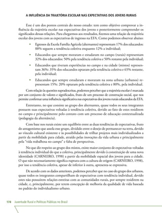 Juventude Rural e Políticas Públicas no Brasil174
A INFLUÊNCIA DA TRAJETÓRIA ESCOLAR NAS EXPECTATIVAS DOS JOVENS RURAIS
Esse é um dos pontos centrais do nosso estudo: tem como objetivo comprovar a in-
fluência da trajetória escolar nas expectativas dos jovens e posteriormente compreender os
significados dessas relações. Para chegarmos aos resultados, fizemos uma relação da trajetória
escolar dos jovens com as expectativas de ingresso na EFA. Como podemos observar abaixo:
•	 Egressos da Escola Família Agrícola (alternantes) representam 17% dos educandos:
88% seguem a tendência coletiva enquanto 12% a individual;
•	 Educandos que sempre moraram e estudaram no campo (rurais) representam
32% dos educandos: 50% pela tendência coletiva e 50% restante pela individual;
•	 Educandos que tiveram experiências no campo e na cidade (mistos) represen-
tam 36%: 35% dos educandos optaram pela tendência coletiva e 65% restante,
pela individual;
•	 Educandos que sempre estudaram e moraram na zona urbana (urbanos) re-
presentam 15%: 20% optaram pela tendência coletiva e 80%, pela individual.
Com relação às questões supradescritas, podemos perceber que a trajetória escolar é marcada
por um conjunto de valores e significados, fruto de um processo de construção social, que nos
permiteconfirmarumainfluênciasignificativanasexpectativasdosjovensruraiseducandosdaEFA.
Entretanto, no que consiste ao grupo dos alternantes, quase todos os seus integrantes
possuem suas expectativas voltadas à tendência coletiva, devido ao fato de estes residirem
no campo e principalmente pelo contato com um processo de educação contextualizada
(pedagogia da alternância).
Com base nos rurais existe um equilíbrio entre as duas tendências de expectativas, fruto
do antagonismo que assola esse grupo, dividido entre o desejo de permanecer na terra, devido
ao vínculo cultural existente e às possibilidades de trilhar projetos mais individualizados a
partir da mobilidade para cidade, atraído pelas inovações da vida urbana e principalmente
pela “vida trabalhosa no campo” e falta de perspectivas.
No que diz respeito ao grupo dos mistos, existe maior conjunto de expectativas voltadas
à tendência individual do que a coletiva, principalmente devido à constituição de uma nova
identidade (CARNEIRO, 1998) a partir da mobilidade espacial dos jovens para a cidade.
O que não necessariamente significa ruptura com a cultura de origem (CARNEIRO, 1998),
por isso a tendência coletiva, apesar de inferior à outra, apresenta-se expressiva.
De acordo com os dados anteriores, podemos perceber que no caso do grupo dos urbanos,
quase todos os integrantes compartilham de expectativas com tendência individual, devido
estes não possuírem relações estreitas com as comunidades rurais, por sempre residirem na
cidade, e, principalmente, por terem concepção de melhoria da qualidade de vida baseada
no padrão do individualismo urbano.
 