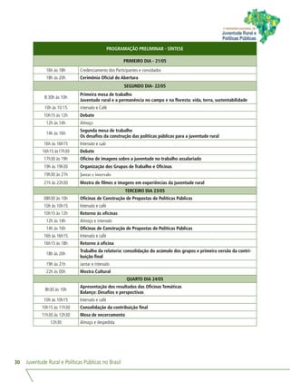 Juventude Rural e Políticas Públicas no Brasil30
PROGRAMAÇÃO
PROGRAMAÇÃO PRELIMINAR - SÍNTESE
PRIMEIRO DIA - 21/05
16h às 18h Credenciamento dos Participantes e convidados
18h às 20h Cerimônia Oficial de Abertura
SEGUNDO DIA- 22/05
8:30h às 10h
Primeira mesa de trabalho
Juventude rural e a permanência no campo e na floresta: vida, terra, sustentabilidade
10h às 10:15 intervalo e Café
10h15 às 12h Debate
12h às 14h Almoço
14h às 16h
Segunda mesa de trabalho
Os desafios da construção das políticas públicas para a juventude rural
16h às 16h15 Intervalo e café
16h15 às17h30 Debate
17h30 às 19h Oficina de imagens sobre a juventude no trabalho assalariado
19h às 19h30 Organização dos Grupos de Trabalho e Oficinas
19h30 às 21h Jantar e intervalo
21h às 22h30 Mostra de filmes e imagens em experiências da juventude rural
TERCEIRO DIA 23/05
08h30 às 10h Oficinas de Construção de Propostas de Políticas Públicas
10h às 10h15 Intervalo e café
10h15 às 12h Retorno às oficinas
12h às 14h Almoço e intervalo
14h às 16h Oficinas de Construção de Propostas de Políticas Públicas
16h às 16h15 Intervalo e café
16h15 às 18h Retorno à oficina
18h às 20h
Trabalho da relatoria: consolidação do acúmulo dos grupos e primeira versão da contri-
buição final
19h às 21h Jantar e intervalo
22h às 00h Mostra Cultural
QUARTO DIA 24/05
8h30 às 10h
Apresentação dos resultados das Oficinas Temáticas
Balanço: Desafios e perspectivas
10h às 10h15 Intervalo e café
10h15 às 11h30 Consolidação da contribuição final
11h30 às 12h30 Mesa de encerramento
12h30 Almoço e despedida
 
