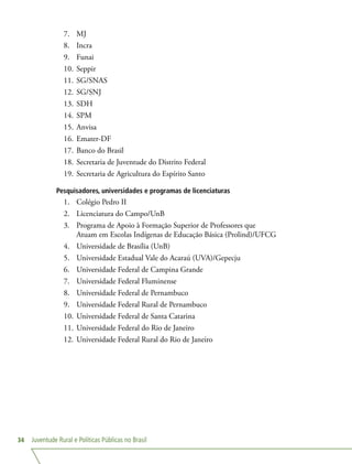 Juventude Rural e Políticas Públicas no Brasil34
7.	 MJ
8.	 Incra
9.	 Funai
10.	Seppir
11.	SG/SNAS
12.	SG/SNJ
13.	SDH
14.	SPM
15.	Anvisa
16.	Emater-DF
17.	Banco do Brasil
18.	Secretaria de Juventude do Distrito Federal
19.	Secretaria de Agricultura do Espírito Santo
Pesquisadores, universidades e programas de licenciaturas
1.	 Colégio Pedro II
2.	 Licenciatura do Campo/UnB
3.	 Programa de Apoio à Formação Superior de Professores que
Atuam em Escolas Indígenas de Educação Básica (Prolind)/UFCG
4.	 Universidade de Brasília (UnB)
5.	 Universidade Estadual Vale do Acaraú (UVA)/Gepecju
6.	 Universidade Federal de Campina Grande
7.	 Universidade Federal Fluminense
8.	 Universidade Federal de Pernambuco
9.	 Universidade Federal Rural de Pernambuco
10.	Universidade Federal de Santa Catarina
11.	Universidade Federal do Rio de Janeiro
12.	Universidade Federal Rural do Rio de Janeiro
 