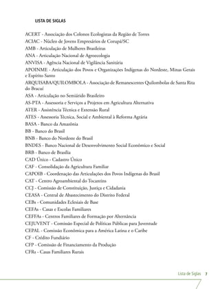 Lista de Siglas 7
LISTA DE SIGLAS
ACERT - Associação dos Colonos Ecologistas da Região de Torres
ACIAC - Núcleo de Jovens Empresários de Corupá/SC
AMB - Articulação de Mulheres Brasileiras
ANA - Articulação Nacional de Agroecologia
ANVISA - Agência Nacional de Vigilância Sanitária
APOINME - Articulação dos Povos e Organizações Indígenas do Nordeste, Minas Gerais
e Espírito Santo
ARQUISABA/QUILOMBOLA - Associação de Remanescentes Quilombolas de Santa Rita
do Bracuí
ASA - Articulação no Semiárido Brasileiro
AS-PTA - Assessoria e Serviços a Projetos em Agricultura Alternativa
ATER - Assistência Técnica e Extensão Rural
ATES - Assessoria Técnica, Social e Ambiental à Reforma Agrária
BASA - Banco da Amazônia
BB - Banco do Brasil
BNB - Banco do Nordeste do Brasil
BNDES - Banco Nacional de Desenvolvimento Social Econômico e Social
BRB - Banco de Brasília
CAD Único - Cadastro Único
CAF - Consolidação da Agricultura Familiar
CAPOIB - Coordenação das Articulações dos Povos Indígenas do Brasil
CAT - Centro Agroambiental do Tocantins
CCJ - Comissão de Constituição, Justiça e Cidadania
CEASA - Central de Abastecimento do Distrito Federal
CEBs - Comunidades Eclesiais de Base
CEFAs - Casas e Escolas Familiares
CEFFAs - Centros Familiares de Formação por Alternância
CEJUVENT - Comissão Especial de Políticas Públicas para Juventude
CEPAL - Comissão Econômica para a América Latina e o Caribe
CF - Crédito Fundiário
CFP - Comissão de Financiamento da Produção
CFRs - Casas Familiares Rurais
 