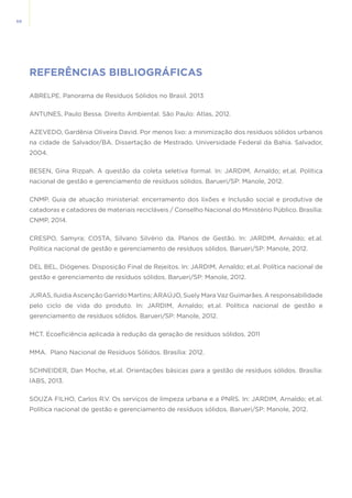 68
REFERÊNCIAS BIBLIOGRÁFICAS
ABRELPE. Panorama de Resíduos Sólidos no Brasil. 2013
ANTUNES, Paulo Bessa. Direito Ambiental. São Paulo: Atlas, 2012.
AZEVEDO, Gardênia Oliveira David. Por menos lixo: a minimização dos resíduos sólidos urbanos
na cidade de Salvador/BA. Dissertação de Mestrado. Universidade Federal da Bahia. Salvador,
2004.
BESEN, Gina Rizpah. A questão da coleta seletiva formal. In: JARDIM, Arnaldo; et.al. Política
nacional de gestão e gerenciamento de resíduos sólidos. Barueri/SP: Manole, 2012.
CNMP. Guia de atuação ministerial: encerramento dos lixões e Inclusão social e produtiva de
catadoras e catadores de materiais recicláveis / Conselho Nacional do Ministério Público. Brasília:
CNMP, 2014.
CRESPO, Samyra; COSTA, Silvano Silvério da. Planos de Gestão. In: JARDIM, Arnaldo; et.al.
Política nacional de gestão e gerenciamento de resíduos sólidos. Barueri/SP: Manole, 2012.
DEL BEL, Diógenes. Disposição Final de Rejeitos. In: JARDIM, Arnaldo; et.al. Política nacional de
gestão e gerenciamento de resíduos sólidos. Barueri/SP: Manole, 2012.
JURAS, Iluidia Ascenção Garrido Martins; ARAÚJO, Suely Mara Vaz Guimarães. A responsabilidade
pelo ciclo de vida do produto. In: JARDIM, Arnaldo; et.al. Política nacional de gestão e
gerenciamento de resíduos sólidos. Barueri/SP: Manole, 2012.
MCT. Ecoeficiência aplicada à redução da geração de resíduos sólidos. 2011
MMA. Plano Nacional de Resíduos Sólidos. Brasília: 2012.
SCHNEIDER, Dan Moche, et.al. Orientações básicas para a gestão de resíduos sólidos. Brasília:
IABS, 2013.
SOUZA FILHO, Carlos R.V. Os serviços de limpeza urbana e a PNRS. In: JARDIM, Arnaldo; et.al.
Política nacional de gestão e gerenciamento de resíduos sólidos. Barueri/SP: Manole, 2012.
 