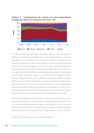 Relatório Final – Mesa de Controvérsias sobre Transgênicos22
Gráfico 3 - Componentes de custeio em uma propriedade
(modal) de milho em Primavera do Leste - MT
100%
80%
60%
40%
20%
0%
07/08
R$/60kg
08/09 09/10 10/11 11/12 12/13 13/14
Máquinas Fertilizantes Agrotóxicos Semente Demais
O maior volume de herbicidas aplicados sobre a soja RR ajuda a
explicar o porquê do aumento do custo de produção no sistema
transgênico. Em Primavera do Leste, por exemplo, segundo levan-
tamento da Conab, em seis anos dobrou o número de aplicações de
herbicidas na soja transgênica, incremento que é explicado pelo de-
senvolvimento de resistência das plantas espontâneas aos herbici-
das. Aproveitando o problema gerado pela tecnologia RR, empresas
concorrentes procuram colocar no mercado seus produtos “alter-
nativos”. Alguns destes são verdadeiras ameaças à saúde pública,
como a soja e o milho resistentes ao herbicida 2,4-D, produto clas-
sificado pela Anvisa como extremamente tóxico e pela Organização
Mundial da Saúde (OMS) como possível carcinogênico. Assim como
aconteceu com o glifosato, é de se esperar que o uso de 2,4-D cresça
exponencialmente caso essas sementes sejam liberadas no País.
Nas mesmas regiões avaliadas pela Conab, cerca de 70% do finan-
ciamento agrícola vem de tradings, sementeiras, empresas de insu-
mos e outras organizações privadas2
, configurando, assim, mais um
fator de indução ao plantio de sementes transgênicas. Decorre dessa
situação de controle oligopólico da cadeia produtiva e do mercado
2. Alimentos mais caros e nas mãos de poucos. O Globo, 20/2/2011.
 