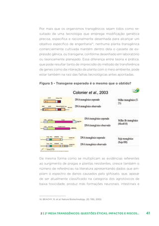 412 | 2ª MESA:TRANSGÊNICOS: QUESTÕES ÉTICAS, IMPACTOS E RISCOS...
Por mais que os organismos transgênicos sejam tidos como re-
sultado de uma tecnologia que emprega modificação genética
precisa, específica e racionalmente desenhada para alcançar um
objetivo específico de engenharia14
, nenhuma planta transgênica
comercialmente cultivada mantém dentro dela o cassete de ex-
pressão gênica, ou transgene, conforme desenhado em laboratório
ou teoricamente planejado. Essa diferença entre teoria e prática,
que pode resultar tanto de imprecisão do método de transferência
de genes como da interação da planta com o meio ambiente, pode
estar também na raiz das falhas tecnológicas antes apontadas.
Figura 5 - Transgene esperado é o mesmo que o obtido?
Da mesma forma como se multiplicam as evidências referentes
ao surgimento de pragas e plantas resistentes, cresce também o
número de referências na literatura apresentando dados que am-
pliam o espectro de danos causados pelo glifosato, que, apesar
de ser atualmente classificado na categoria dos agrotóxicos de
baixa toxicidade, produz más formações neuronais, intestinais e
14. BEACHY, R. et al. Nature Biotechnology. 20, 1195, 2002.
 