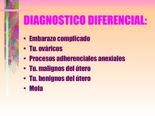 DIAGNOSTICO DIFERENCIAL: Embarazo complicado Tu. ováricos Procesos adherenciales anexiales Tu. malignos del útero Tu. benignos del útero Mola  