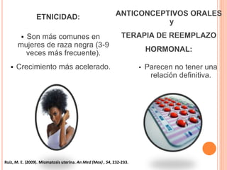 ETNICIDAD:
 Son más comunes en
mujeres de raza negra (3-9
veces más frecuente).
 Crecimiento más acelerado.
ANTICONCEPTIVOS ORALES
y
TERAPIA DE REEMPLAZO
HORMONAL:
• Parecen no tener una
relación definitiva.
Ruiz, M. E. (2009). Miomatosis uterina. An Med (Mex) , 54, 232-233.
 