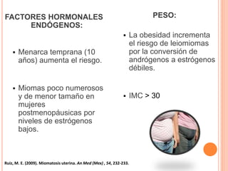 FACTORES HORMONALES
ENDÓGENOS:
 Menarca temprana (10
años) aumenta el riesgo.
 Miomas poco numerosos
y de menor tamaño en
mujeres
postmenopáusicas por
niveles de estrógenos
bajos.
PESO:
 La obesidad incrementa
el riesgo de leiomiomas
por la conversión de
andrógenos a estrógenos
débiles.
 IMC > 30
Ruiz, M. E. (2009). Miomatosis uterina. An Med (Mex) , 54, 232-233.
 