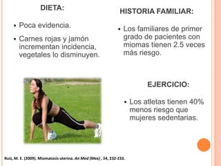 Ruiz, M. E. (2009). Miomatosis uterina. An Med (Mex) , 54, 232-233.
DIETA:
 Poca evidencia.
 Carnes rojas y jamón
incrementan incidencia,
vegetales lo disminuyen.
EJERCICIO:
 Los atletas tienen 40%
menos riesgo que
mujeres sedentarias.
HISTORIA FAMILIAR:
 Los familiares de primer
grado de pacientes con
miomas tienen 2.5 veces
más riesgo.
 