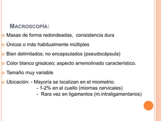 MACROSCOPÍA:
 Masas de forma redondeadas, consistencia dura
 Únicos o más habitualmente múltiples
 Bien delimitados; no encapsulados (pseudocápsula)
 Color blanco grisáceo; aspecto arremolinado característico.
 Tamaño muy variable
 Ubicación: - Mayoría se localizan en el miometrio.
- 1-2% en el cuello (miomas cervicales)
- Rara vez en ligamentos (m.intraligamentarios)
 