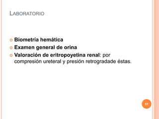 LABORATORIO
 Biometría hemática
 Examen general de orina
 Valoración de eritropoyetina renal: por
compresión ureteral y presión retrogradade éstas.
51
 