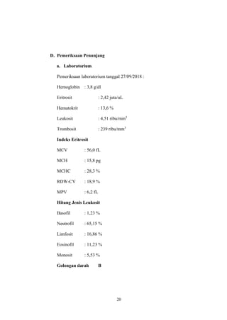 20
D. Pemeriksaan Penunjang
a. Laboratorium
Pemeriksaan laboratorium tanggal 27/09/2018 :
Hemoglobin : 3,8 g/dl
Eritrosit : 2,42 juta/uL
Hematokrit : 13,6 %
Leukosit : 4,51 ribu/mm3
Trombosit : 239 ribu/mm3
Indeks Eritrosit
MCV : 56,0 fL
MCH : 15,8 pg
MCHC : 28,3 %
RDW-CV : 18,9 %
MPV : 6,2 fL
Hitung Jenis Leukosit
Basofil : 1,23 %
Neutrofil : 65,15 %
Limfosit : 16,86 %
Eosinofil : 11,23 %
Monosit : 5,53 %
Golongan darah B
 