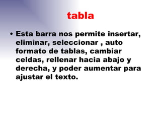 tabla
• Esta barra nos permite insertar,
  eliminar, seleccionar , auto
  formato de tablas, cambiar
  celdas, rellenar hacia abajo y
  derecha, y poder aumentar para
  ajustar el texto.
 