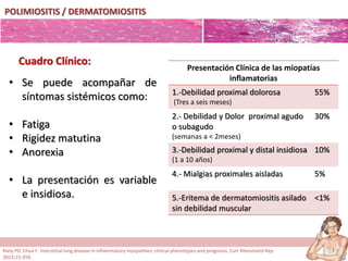POLIMIOSITIS / DERMATOMIOSITIS
• Se puede acompañar de
síntomas sistémicos como:
• Fatiga
• Rigidez matutina
• Anorexia
• La presentación es variable
e insidiosa.
Cuadro Clínico:
Presentación Clínica de las miopatías
inflamatorias
1.-Debilidad proximal dolorosa
(Tres a seis meses)
55%
2.- Debilidad y Dolor proximal agudo
o subagudo
(semanas a < 2meses)
30%
3.-Debilidad proximal y distal insidiosa
(1 a 10 años)
10%
4.- Mialgias proximales aisladas 5%
5.-Eritema de dermatomiositis asilado
sin debilidad muscular
<1%
Kiely PD, Chua F. Interstitial lung disease in inflammatory myopathies: clinical phenotypes and prognosis. Curr Rheumatol Rep
2013;15:359.
 