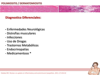 POLIMIOSITIS / DERMATOMIOSITIS
- Enfermedades Neurológicas
- Distrofias musculares
- Infecciones
- Uso de Drogas
- Trastornos Metabólicos
- Endocrinopatías
- Medicamentoso *
Diagnostico Diferenciales:
Dalakas MC. Review: an update on inflammatory and autoimmune myopathies. 2011; 37:226-42
 