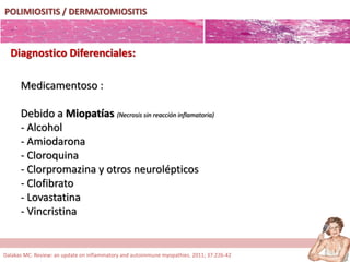 POLIMIOSITIS / DERMATOMIOSITIS
Medicamentoso :
Debido a Miopatías (Necrosis sin reacción inflamatoria)
- Alcohol
- Amiodarona
- Cloroquina
- Clorpromazina y otros neurolépticos
- Clofibrato
- Lovastatina
- Vincristina
Diagnostico Diferenciales:
Dalakas MC. Review: an update on inflammatory and autoimmune myopathies. 2011; 37:226-42
 