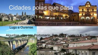Cidades polas que pasa
As cidades máis importantes polas que pasa son
Lugo e Ourense.
Algunhas vilas son Portomarín, Rábade, Rivadavia ou Tui.

 