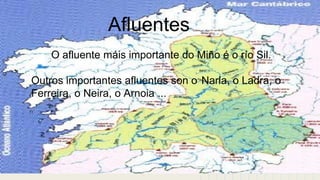 Afluentes
O afluente máis importante do Miño é o río Sil.
Outros importantes afluentes son o Narla, o Ladra, o
Ferreira, o Neira, o Arnoia ...

 