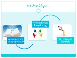 Με δυο λόγια…

Αναγκαιότητα
διαχείρισης

Διαφορετικές
μορφές υλικού

Τεχνολογικό
εργαλείο

 