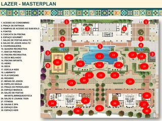 LAZER - MASTERPLAN


1. ACESSO AO CONDOMÍNIO                             1                                                         1
2. PRAÇA DE ENTRADA
3. RAMPAS DE ACESSO AO SUB-SOLO
                                                             6             7                   8
4. FONTES
5. CASCATA DA PISCINA
6. ESPAÇO GOURMET
7. SALÃO DE FESTAS ADULTO                       2                                                        2
8. SALÃO DE JOGOS ADULTO
9. CHURRASQUEIRA                                4                               5                        4
10. QUADRA RECREATIVA
11. BAR DA PISCINA
12. PISCINA RECREATIVA
                                  3                                                  13             17             3
13. DECK MOLHADO                                    11                          12                       18
14. PISCINA INFANTIL
15. HIDRO                                  10
                                                                 15
16. DECK                          9                                             16        14                 19
17. EDÍCULA KIDS
18. LABIRINTO
19. PLAYGROUND                                                             21   22   21
20. REDÁRIO
21. MESAS DE JOGOS                                                    20                           23
22. ESPELHO DÁGUA                                       23
23. PRAÇA DO PERGOLADO
24. ESPAÇO MARACA
25. SALÃO DE FESTAS
    INFANTIL/BRINQUEDOTECA                                                                                    28
26. SALÃO E LOUNGE TEEN
27. FITNESS                                                           25
28. SAUNA E SPA                       24                                             26                      27
29. ESPAÇO ZEN
                                                                                22
30. ESPAÇO KIDS                                              29                                               30
 