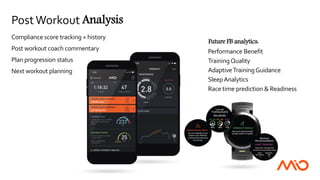 Compliance score tracking + history
Post workout coach commentary
Plan progression status
Next workout planning
PostWorkout Analysis
Future FB analytics:
Performance Benefit
TrainingQuality
AdaptiveTrainingGuidance
SleepAnalytics
Race time prediction & Readiness
 