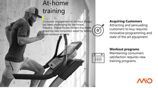 At-home
training
Consumer engagement to workout always
has been challenging for the fitness
industry. Digital fitness content has made
acquiring new consumers easier by letting
them workout at home
Acquiring Customers
Attracting and persuading
customers to buy requires
innovative programming and
state of the art equipment
Workout programs
Maintaining consumers
satisfaction requires new
training programs
 