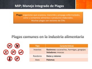 MIP; Manejo Integrado de Plagas

Plaga: organismo que ocasiona, transmite y propaga enfermedades,
      come y contamina alimentos o productos elaborados.
              Muchas plagas son vectores de ETAs




                   Tipo                     Características
                 Insectos     Rastreros: cucarachas, hormigas, gorgojos
                              Voladores: moscas
                Roedores      Ratas y ratones
                   Aves       Palomas
 