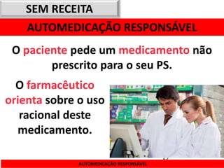 SEM RECEITA
   AUTOMEDICAÇÃO RESPONSÁVEL
 O paciente pede um medicamento não
        prescrito para o seu PS.
  O farmacêutico
orienta sobre o uso
   racional deste
  medicamento.

                                          25
              AUTOMEDICAÇÃO RESPONSÁVEL
 