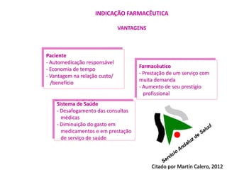 INDICAÇÃO FARMACÊUTICA

                               VANTAGENS



Paciente
- Automedicação responsável
                                     Farmacêutico
- Economia de tempo
                                     - Prestação de um serviço com
- Vantagem na relação custo/
                                     muita demanda
  /benefício
                                     - Aumento de seu prestígio
                                       profissional
    Sistema de Saúde
    - Desafogamento das consultas
      médicas
    - Diminuição do gasto em
      medicamentos e em prestação
      de serviço de saúde




                                           Citado por Martín Calero, 2012
 