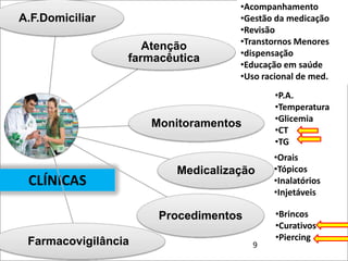 •Acompanhamento
A.F.Domiciliar                     •Gestão da medicação
                                   •Revisão
                                   •Transtornos Menores
                    Atenção
                                   •dispensação
                 farmacêutica
                                   •Educação em saúde
                                   •Uso racional de med.
                                           •P.A.
                                           •Temperatura
                                           •Glicemia
                     Monitoramentos
                                           •CT
                                           •TG
                                          •Orais
                         Medicalização    •Tópicos
 CLÍNICAS                                 •Inalatórios
                                          •Injetáveis

                      Procedimentos        •Brincos
                                           •Curativos
 Farmacovigilância                         •Piercing
                                      9
 