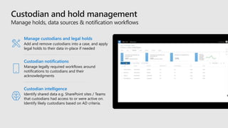 Custodian notifications
Manage legally required workflows around
notifications to custodians and their
acknowledgments
Manage custodians and legal holds
Add and remove custodians into a case, and apply
legal holds to their data in-place if needed
Custodian intelligence
Identify shared data e.g. SharePoint sites / Teams
that custodians had access to or were active on.
Identify likely custodians based on AD criteria.
 