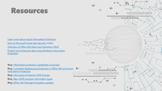 Resources
Learn more about Azure Information Protection
Intro to Microsoft Cloud App Security (video)
Overview of Office 365 Data Loss Prevention (DLP)
Protect your enterprise data using Windows Information
Protection
Blog: Information protection capabilities in preview
Blog: Consistent labeling and protection in Office 365 and Azure
Information Protection
Blog: Information Protection SDK Preview
Blog: New GDPR sensitive information types
Blog: Office 365 Message Encryption updates
 