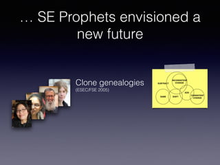 … SE Prophets envisioned a
new future
Clone genealogies
(ESEC/FSE 2005)
SAME SHIFT
INCONSISTENT
CHANGE
ADD
CONSISTENT
CHANGE
SUBTRACT
Figure 1: The relationship among evolution patter
traces code clones in consecutive versions using a metr
based clone detector and classiﬁes clones into four cat
gories: new clones, modiﬁed clones, never modiﬁed clon
and deleted clones. Their analysis does not address how e
ments in a group of code clones change with respect to oth
elements in the group. To the best of our knowledge, o
clone genealogy extractor (detailed in Section 4) is the ﬁr
tool that systematically analyzes clone evolution patter
by monitoring how a clone group evolves.
Techniques for Analyzing Structural Changes
 