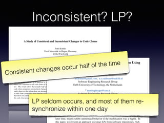 A Study of Consistent and Inconsistent Changes to Code Clones
Jens Krinke
FernUniversit¨at in Hagen, Germany
krinke@acm.org
Abstract
Code Cloning is regarded as a threat to software main-
tenance, because it is generally assumed that a change to
a code clone usually has to be applied to the other clones
of the clone group as well. However, there exists little
empirical data that supports this assumption. This paper
presents a study on the changes applied to code clones in
open source software systems based on the changes between
versions of the system. It is analyzed if changes to code
clones are consistent to all code clones of a clone group or
not. The results show that usually half of the changes to
code clone groups are inconsistent changes. Moreover, the
study observes that when there are inconsistent changes to
a code clone group in a near version, it is rarely the case
that there are additional changes in later versions such that
the code clone group then has only consistent changes.
1 Introduction
Duplicated code is common in all kind of software sys-
tems. Although cut-copy-paste (-and-adapt) techniques are
considered bad practice, every programmer uses them.
Since these practices involve both duplication and mod-
iﬁcation, they are collectively called code cloning. While
the duplicated code is called a code clone. A clone group
whether or not the above mentioned problems are relevant
in practice. Kim et al. [15] investigated the evolution of
code clones and provided a classiﬁcation for evolving code
clones. Their work already showed that during the evolution
of the code clones, consistent changes to the code clones
of a group are fewer than anticipated. Aversano et al. [4]
did a similar study and they state “that the majority of clone
classes is always maintained consistently.” Geiger et al. [10]
studied the relation of code clone groups and change cou-
plings (ﬁles which are committed at the same time, by the
same author, and with the same modiﬁcation description),
but could not ﬁnd a (strong) relation. Therefore, this work
will present an empirical study that veriﬁes the following
hypothesis:
During the evolution of a system, code clones of
a clone group are changed consistently.
Of course, a system may contain bugs where a change
has been applied to some code clones, but has been forgot-
ten for other code clones of the clone group. For stable
systems it can be assumed that such bugs will be resolved
at a later time. This results in a second hypothesis:
During the evolution of a system, if code clones
of a clone group are not changed consistently, the
missing changes will appear in a later version.
ECEASST
Studying Late Propagations in Code Clone Evolution Using
Software Repository Mining
Hsiao Hui Mui1, Andy Zaidman1 and Martin Pinzger1
1 hsiaomui@gmail.com, a.e.zaidman@tudelft.nl
Software Engineering Research Group
Delft University of Technology, the Netherlands
2 martin.pinzger@aau.at
Software Engineering Research Group
University of Klagenfurt, Austria
Abstract: In the code clone evolution community, the Late Propagation (LP) has
been identiﬁed as one of the clone evolution patterns that can potentially lead to
software defects. An LP occurs when instances of a clone pair are changed consis-
tently, but not at the same time. The clone instance, which receives the update at a
later time, might exhibit unintended behavior if the modiﬁcation was a bugﬁx. In
this paper, we present an approach to extract LPs from software repositories. Sub-
LP seldom occurs, and most of them re-
synchronize within one day
Consistent changes occur half of the time
Inconsistent? LP?
 