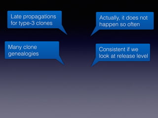 Actually, it does not
happen so often
Many clone
genealogies
Consistent if we
look at release level
Late propagations
for type-3 clones
 