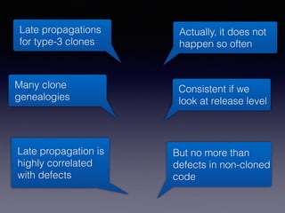 Late propagation is
highly correlated
with defects
Actually, it does not
happen so often
Many clone
genealogies
Consistent if we
look at release level
Late propagations
for type-3 clones
But no more than
defects in non-cloned
code
 